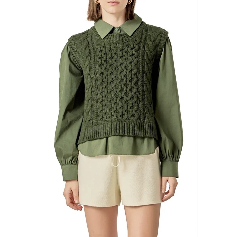 English Factory Mixed Media Cable Knit Stitch Sweater Top Women's Large Shirt
